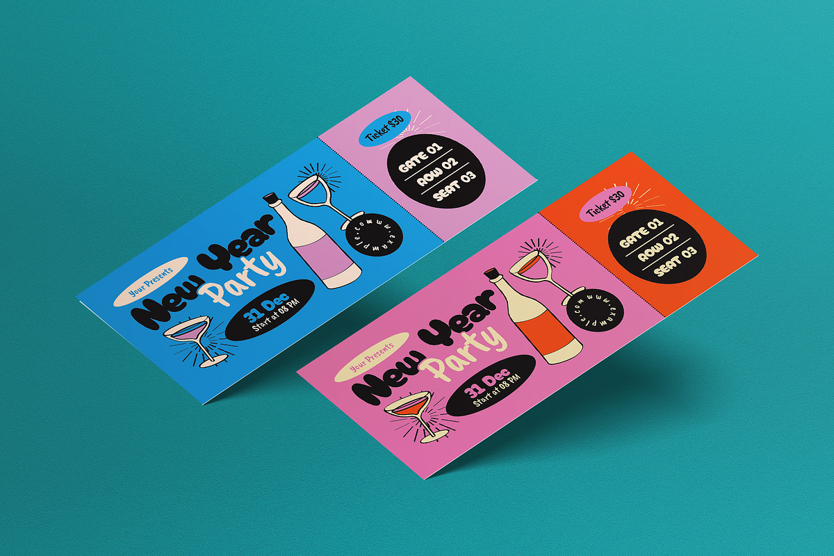 Pink Quirky New Year Party Ticket, a Card Template by graphicook (Photo 1 of 3)