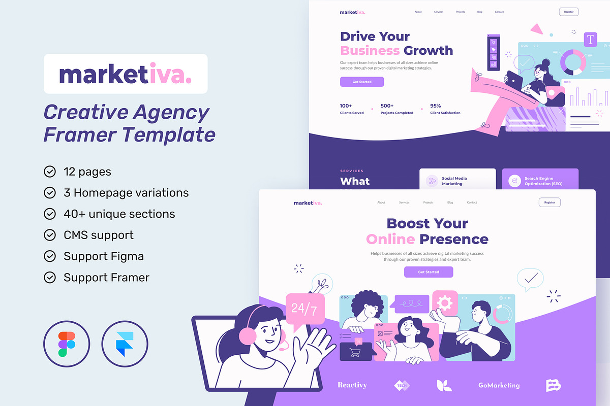 Marketiva Digital Agency Framer, an UI Kit Template by peterdraw (Photo 1 of 9)