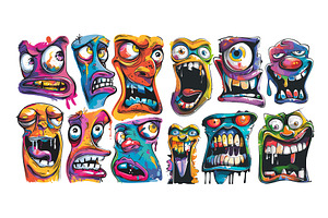 Furious Monster Faces Cartoon Vector