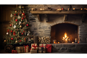 rustic christmas tree by fireplace, a Holiday Photo by pikepicture