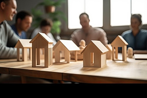 Wooden toy houses on the table in th, a Photo by Iftikhar Alam