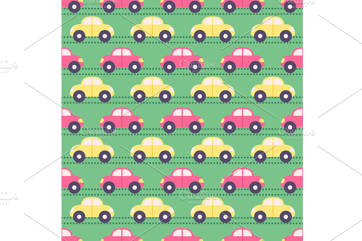 Cartoon groovy cars seamless pattern, a Transportation Illustration by LadadikArt