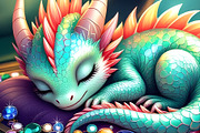 Cute Baby Dragon Sleeping in Jewels, an Animal Illustration by Sharon Schwalbe (Thumbnail 1 of 2)