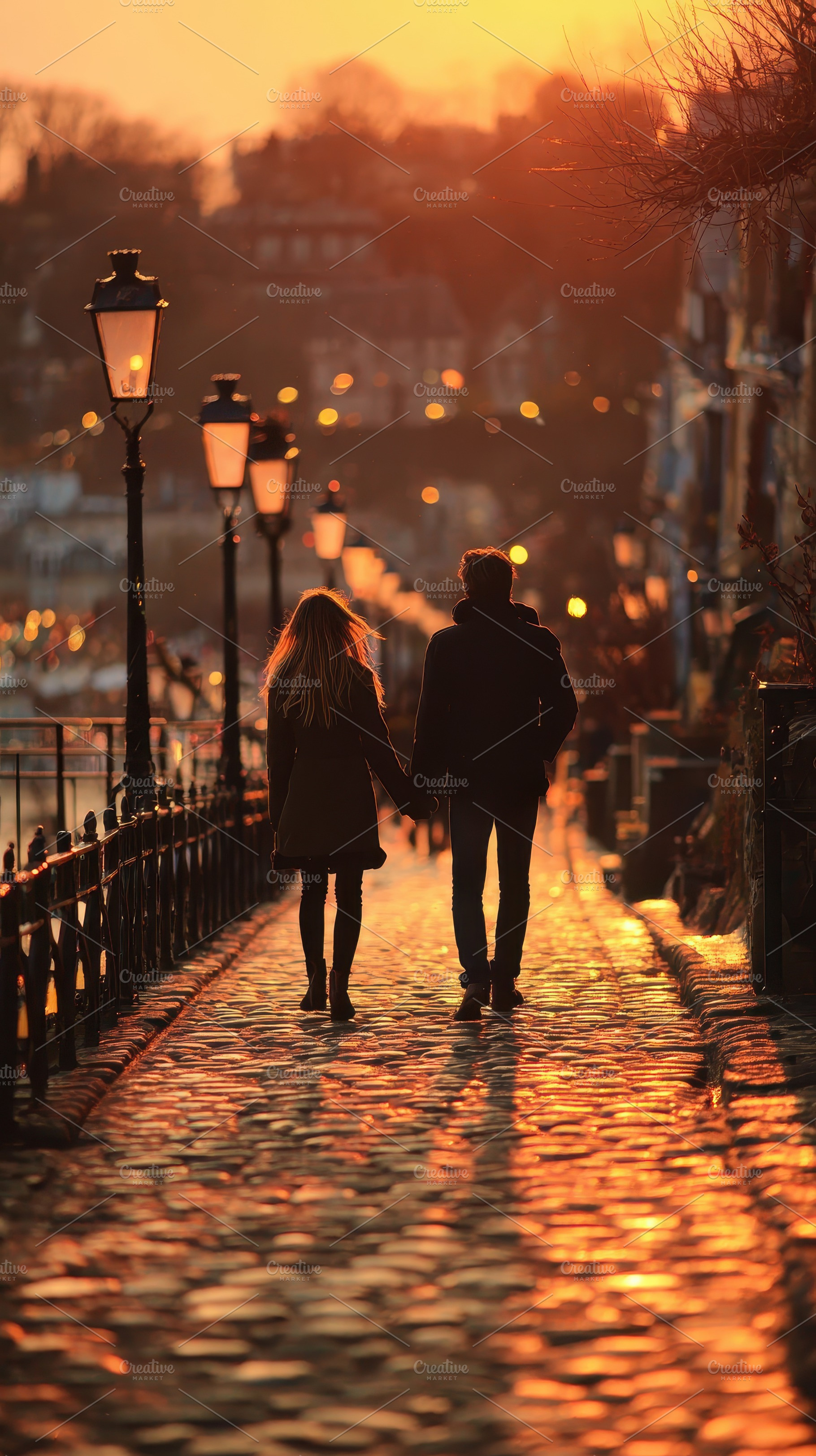 Couple holding hands walking sunset, a Photo by Pixeness Studio