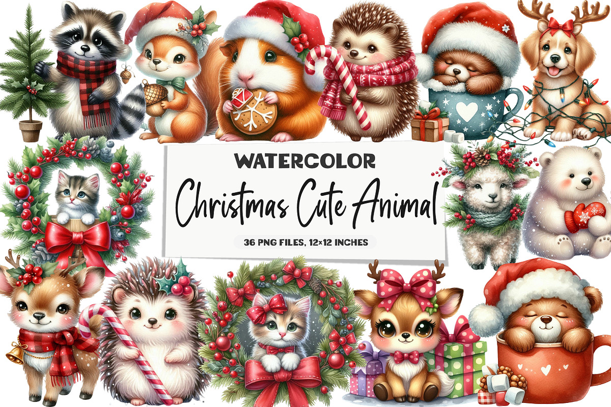Watercolor Christmas Cute Animal, an Illustration by DreamArtGraphic (Photo 1 of 6)