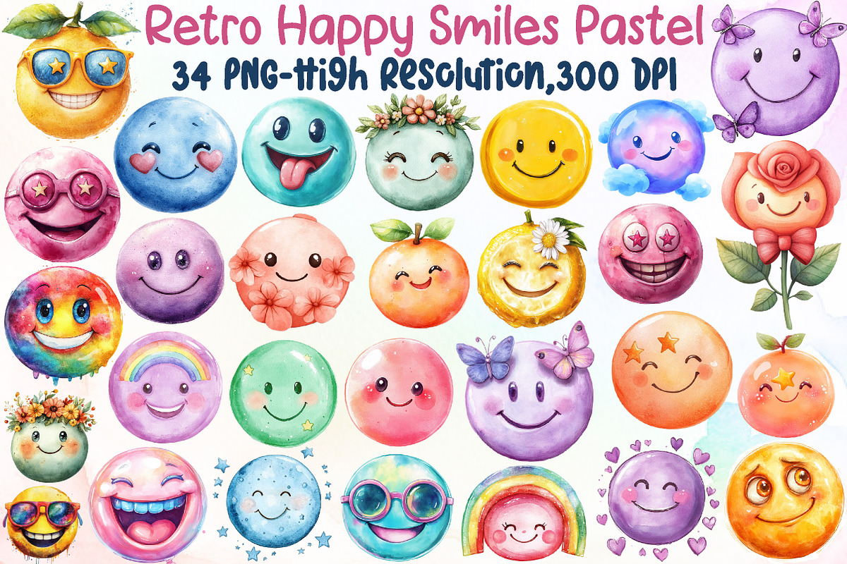 Retro Happy Smiles Clipart - Pastel, an Illustration by Sublimation Artist (Photo 1 of 6)