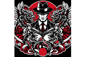 Yakuza Gangster with Guns and, a Person Illustration by AlexArt