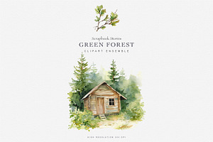 Watercolor Green Forest Clipart Set