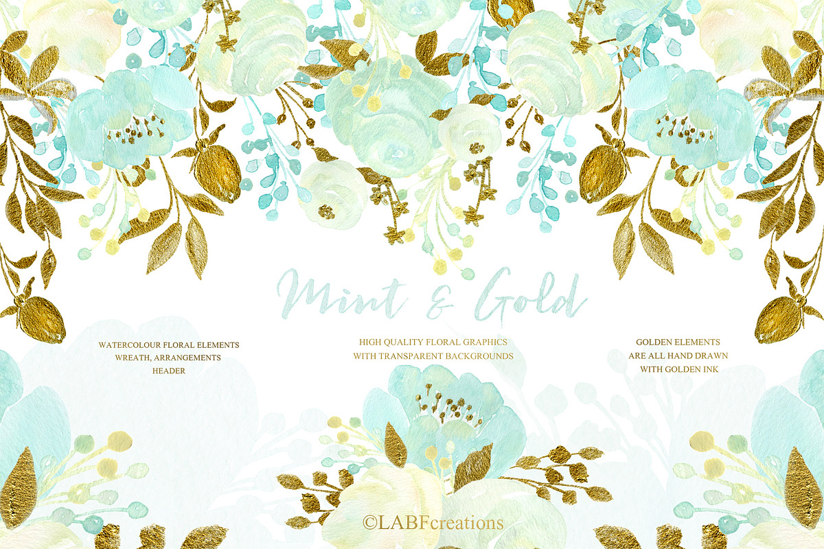 Mint and Gold. Watercolor flowers, an Illustration by LABFcreations (Photo 2 of 7)