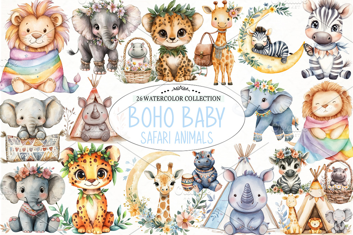 Watercolor Cute Boho Baby Safari Ani, an Illustration by Watercolor design (Photo 1 of 4)