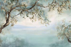 Serene Olive Tree Wallpaper, a Decorative Illustration by Virgo Studio