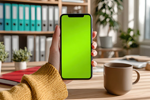 Hand holding smartphone green screen, a Photo by Pixeness Studio