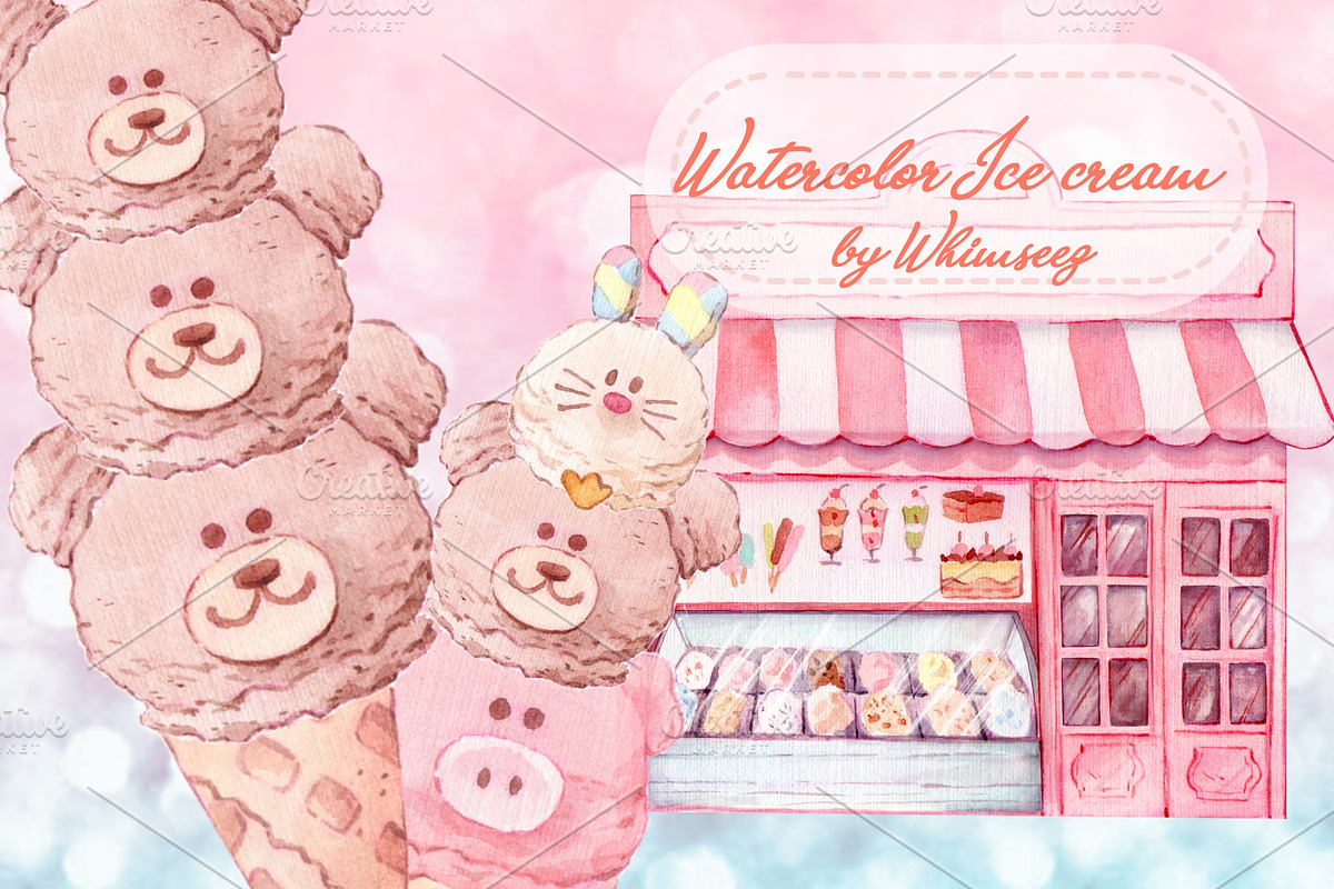Watercolor Ice cream Clip Arts #2, an Animal Illustration by Whimseez (Photo 1 of 4)