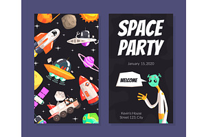 Space Party Card Template With Cute