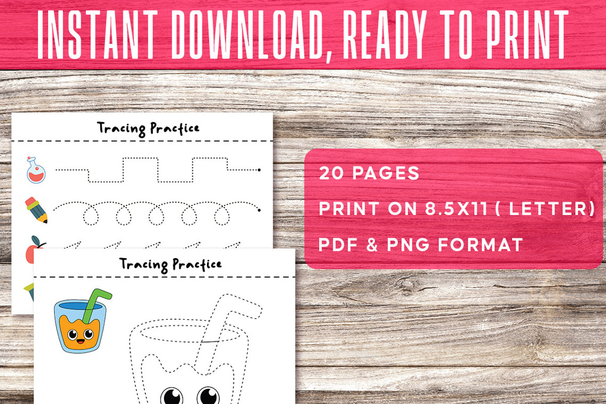 20 Tracing Practice Worksheets, a Stationery Template by Graphicsnext