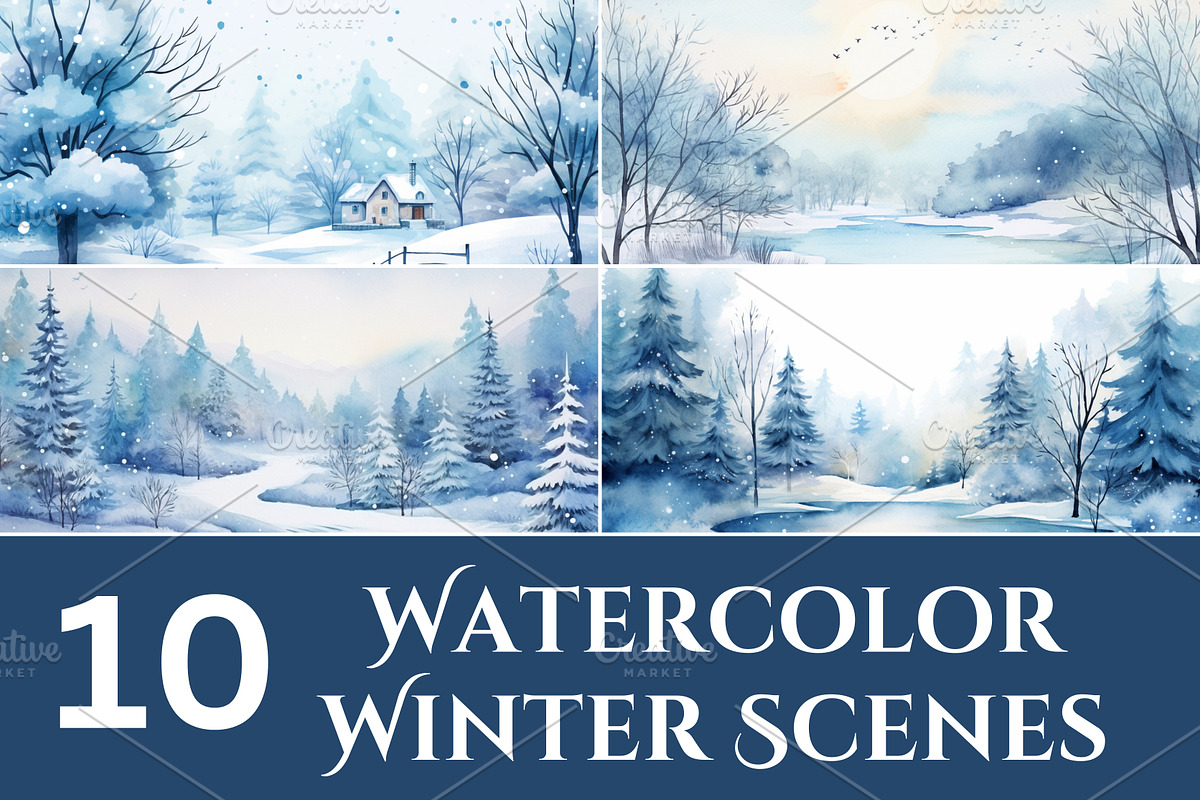 Watercolor Winter Scenes, a Seasonal Illustration by Sunny Jar Designs (Photo 1 of 6)