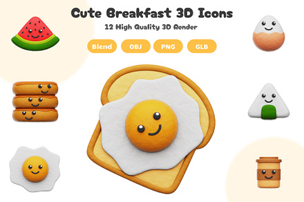 Cute Breakfast 3D Icons Set, a Food & Drink 3D Model by Kentung 3D