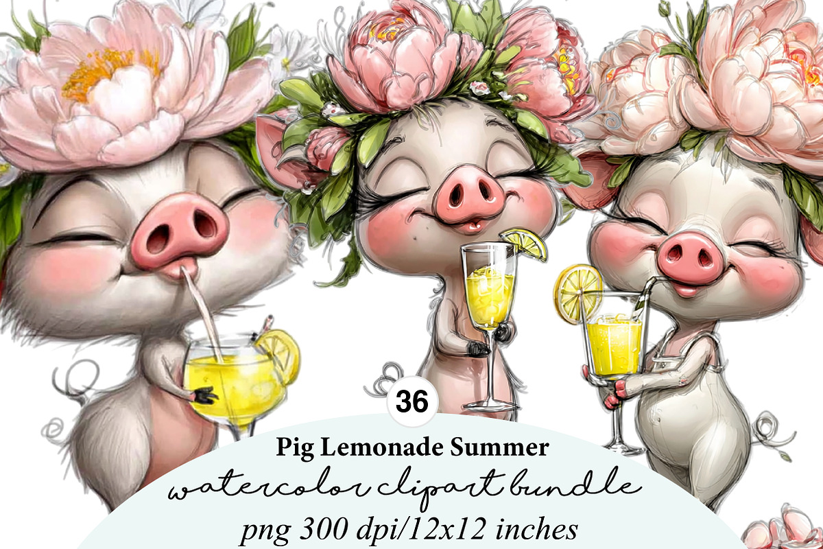 Pig Lemonade Summer Clipart Bundle, an Illustration by Digital Artistic99 (Photo 1 of 11)