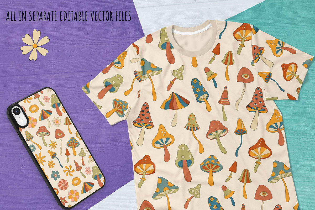 Magic Mushrooms Retro Vector Clipart, a Pattern Graphic by Irina Ostapenko (Photo 7 of 8)