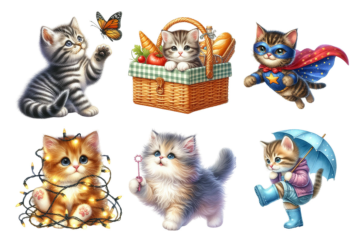Watercolor Playful Kittens Clipart, an Illustration by Daily.Designs (Photo 3 of 5)