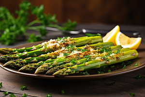Baked asparagus with spices and lemon slices on wooden background, a Food & Drink Photo by AlyaAnd