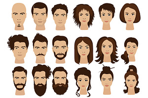 Man Hair & Woman Girls Faces Icons.