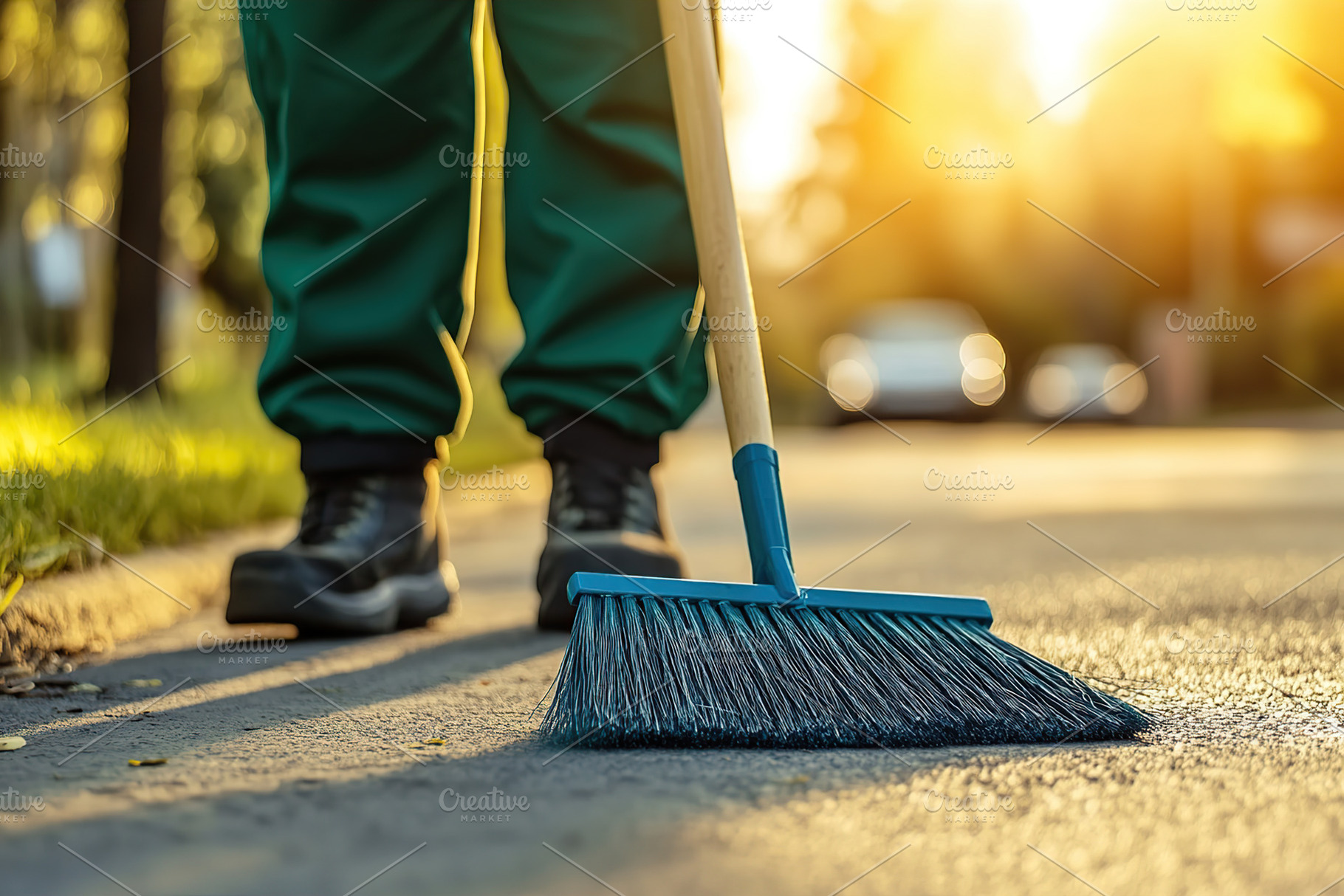 Sweeping the modern pedestrian area with a blue broom during gol, a Photo by AlyaAnd