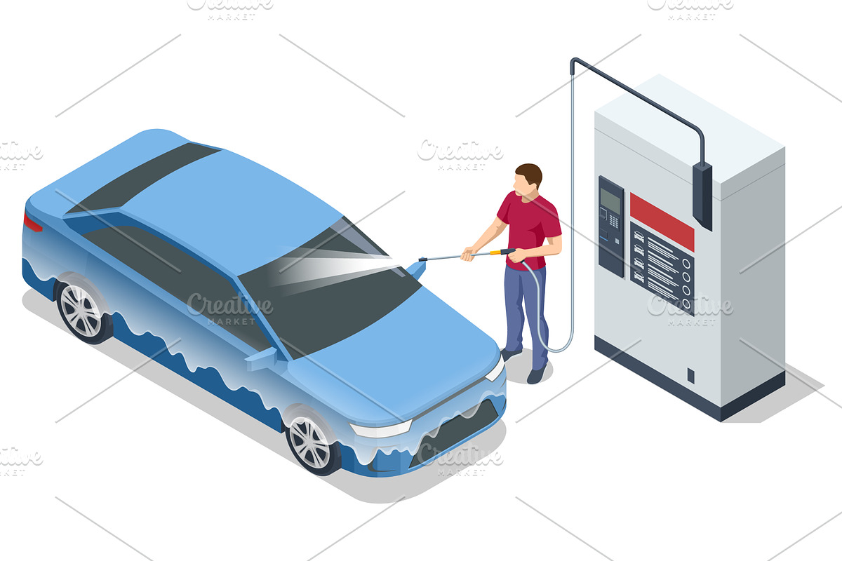 Isometric car wash station. A man is, a Transportation Illustration by Golden Sikorka