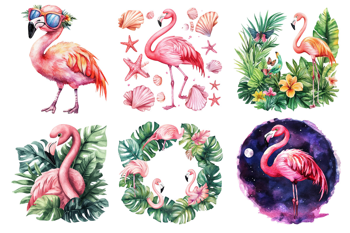 Watercolor Flamingo Clipart, Exotic, an Illustration by SinaCreation (Photo 3 of 4)