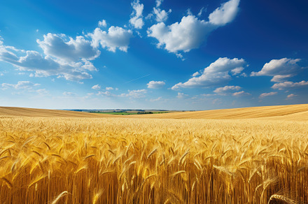 Golden wheat field and blue sky with, a Photo by Iftikhar Alam