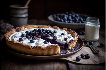 Creamy blueberries pie. Generate AI, a Food & Drink Photo by Ylivdesign