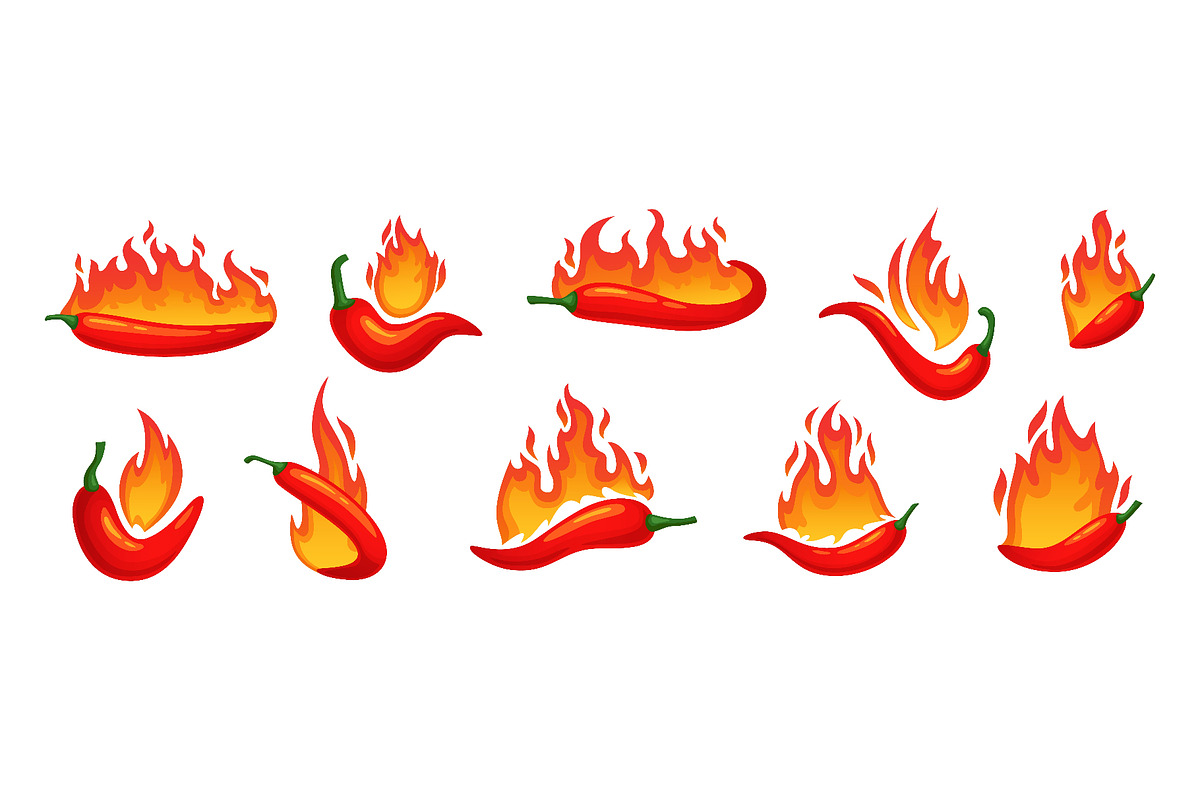 Cartoon hot chilli peppers with fire, a Food Illustration by Ksania