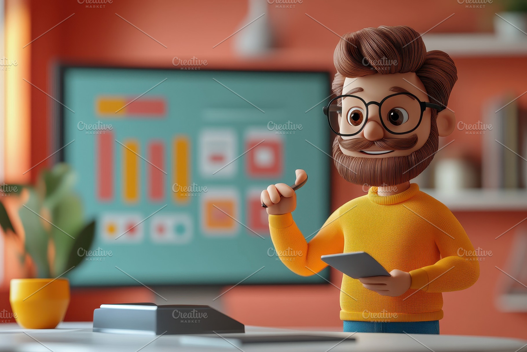 Brightly colored workspace with a ch, a Photo by Tanuart