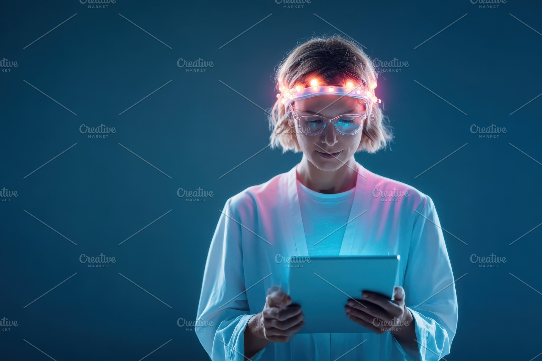 Woman with glowing headband using tablet, a Technology Photo by AlyaAnd