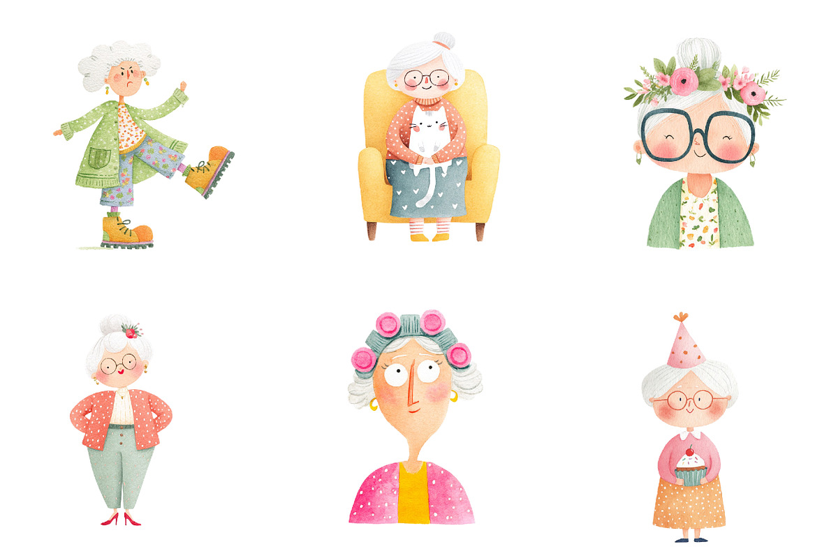 whimsical funny old lady clipart, an Illustration by CreationArt (Photo 3 of 5)