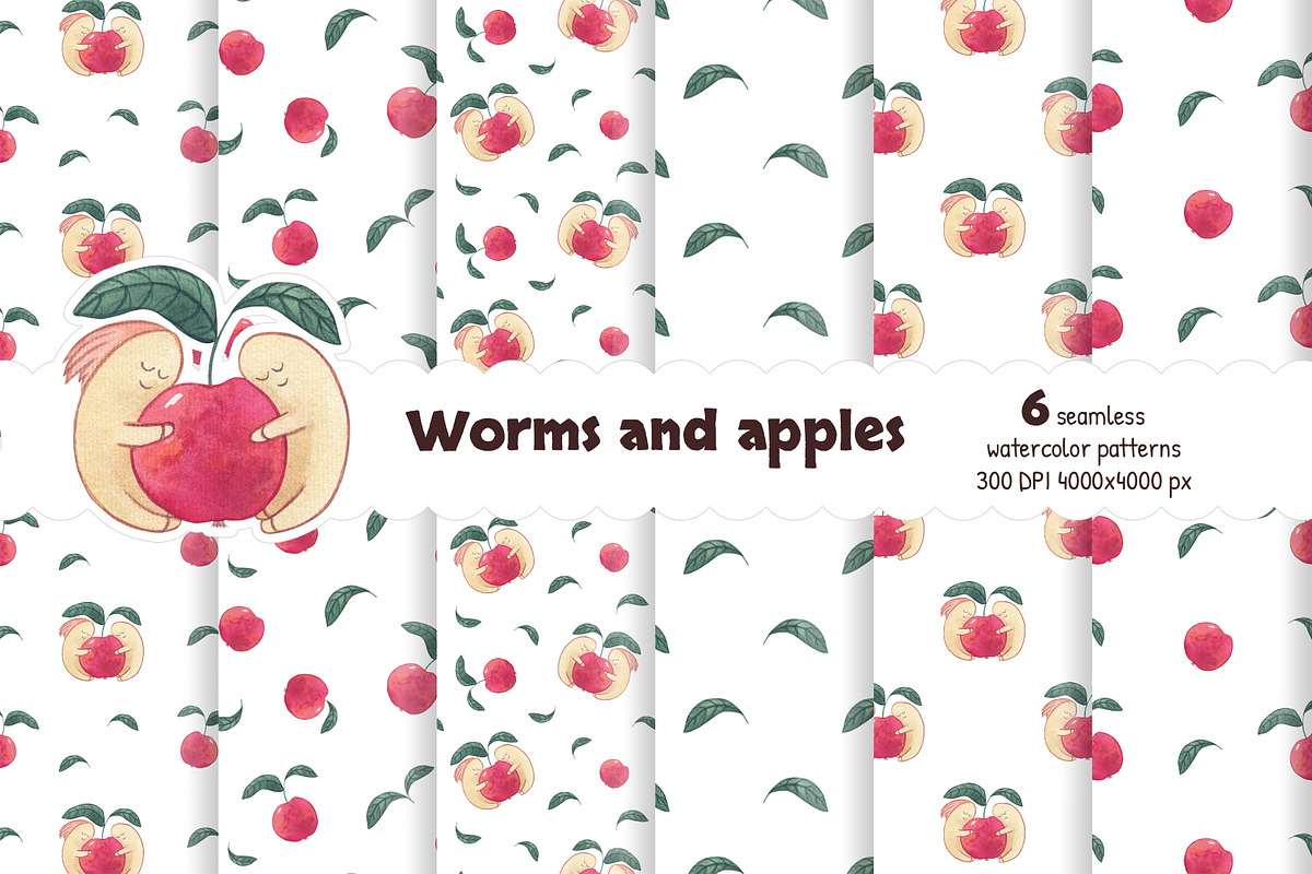 Worms and apples Watercolor patterns, a Pattern Graphic by Lagniappe Art (Photo 1 of 9)