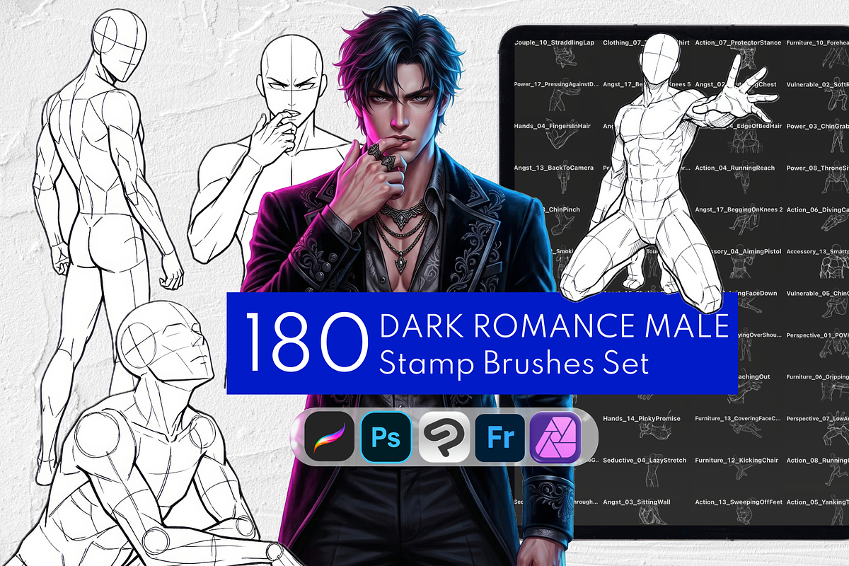 Dark Romance Male Procreate Stamps, a Brush Add-On by Selentaori Studio (Photo 1 of 12)