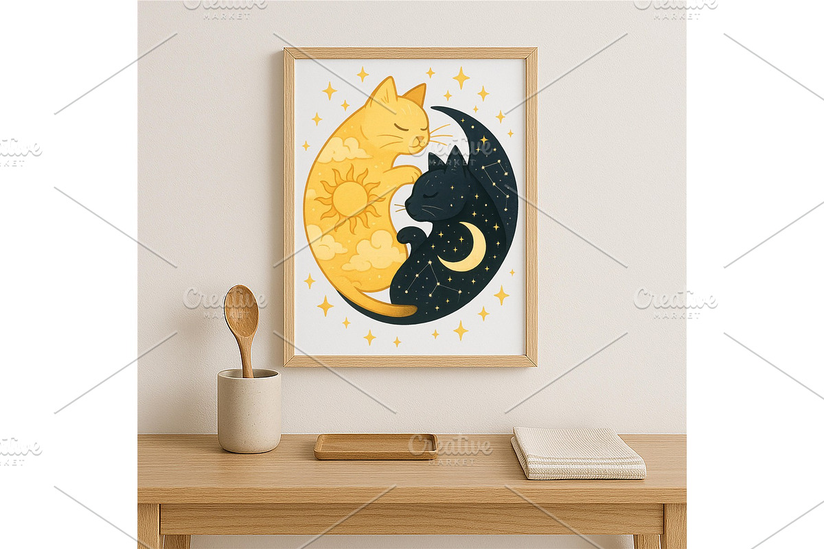 Sun and Moon Yin Yang Cats Wall Art, a Background Graphic by LaseredNinja (Photo 2 of 7)