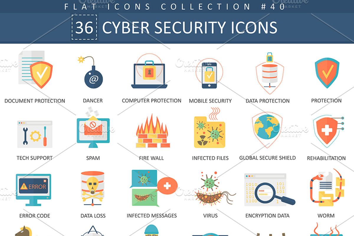 36 Cyber security flat icons set, an Outline Icon by Lemberg Vector
