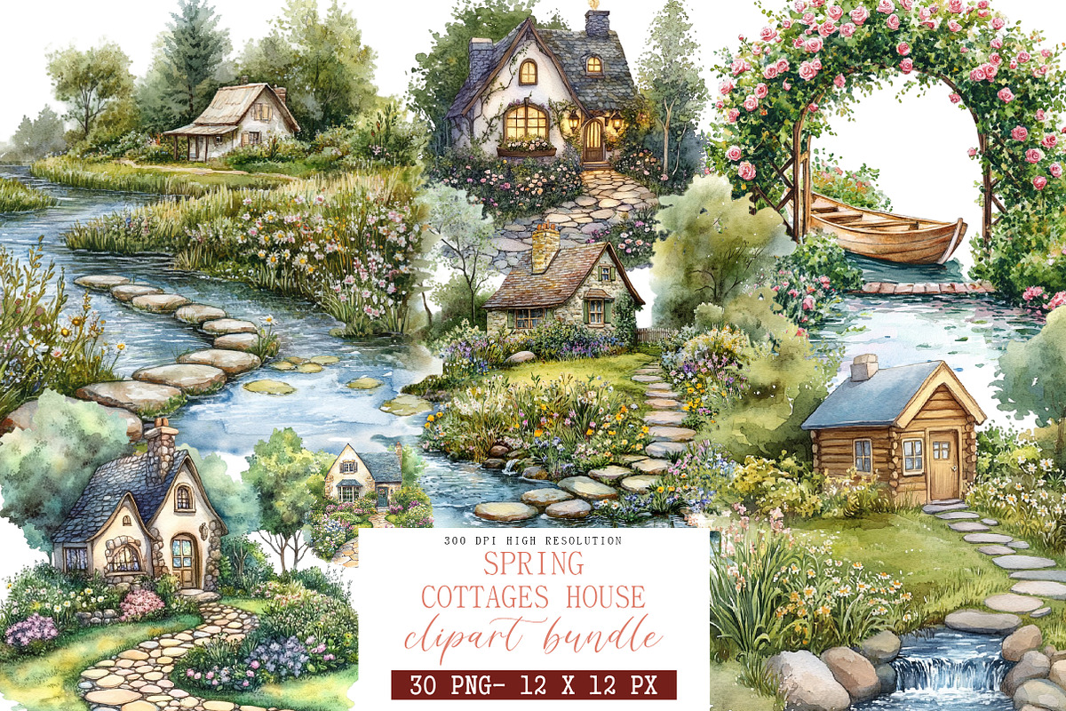 Spring Cottages House Clipart, an Illustration by DreamArtGraphic (Photo 1 of 4)