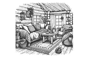 Cozy rustic living room interior, an Object Illustration by AlexArt
