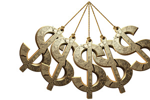 Golden material money symbols hanging from a cable, a Finance Illustration by DanFLCreativo