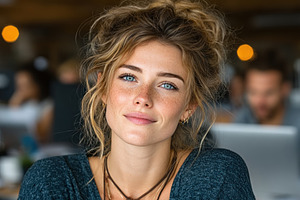 Confident young woman with blue eyes and freckles smiling indoor, a Person Photo by José Manuel Gelpi