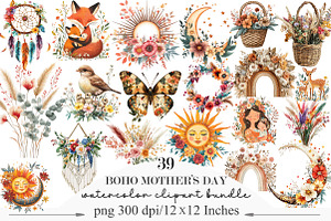 Boho Mother’s Day Clipart PNG Bundle, an Illustration by Designking
