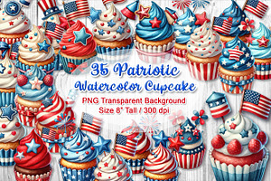 35 Patriotic Watercolor Cupcake Set, an Object Graphic by V Design Creator
