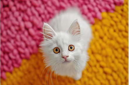 Curious white kitten looking up with, an Animal Photo by Lermont51