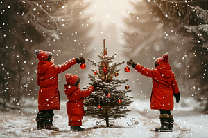 Kids Decorate Trees in the Snow, a Holiday Photo by Andy Dean Photography