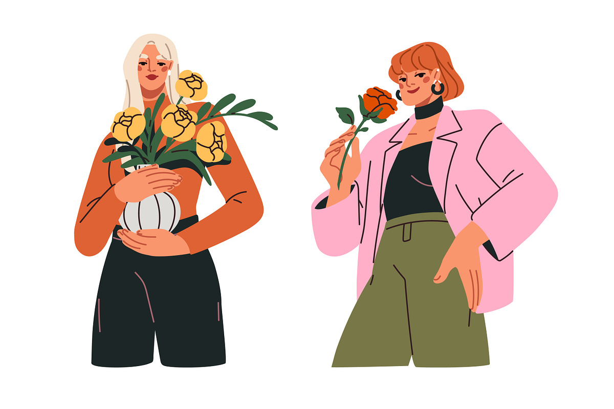 Happy women with flower bouquets set, a Person Illustration by Good Studio (Photo 6 of 12)