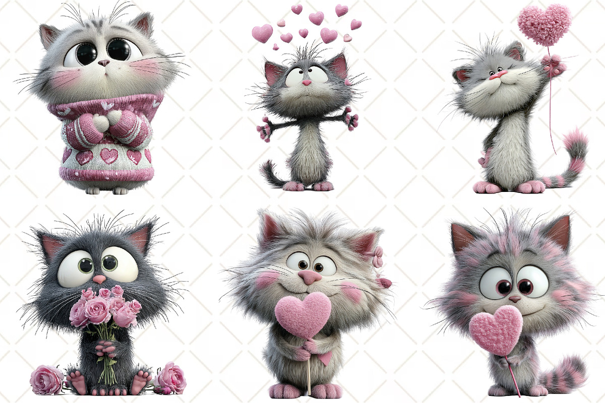 Whimsical Valentine Cat Clipart, an Illustration by Black Bird Studio (Photo 3 of 6)