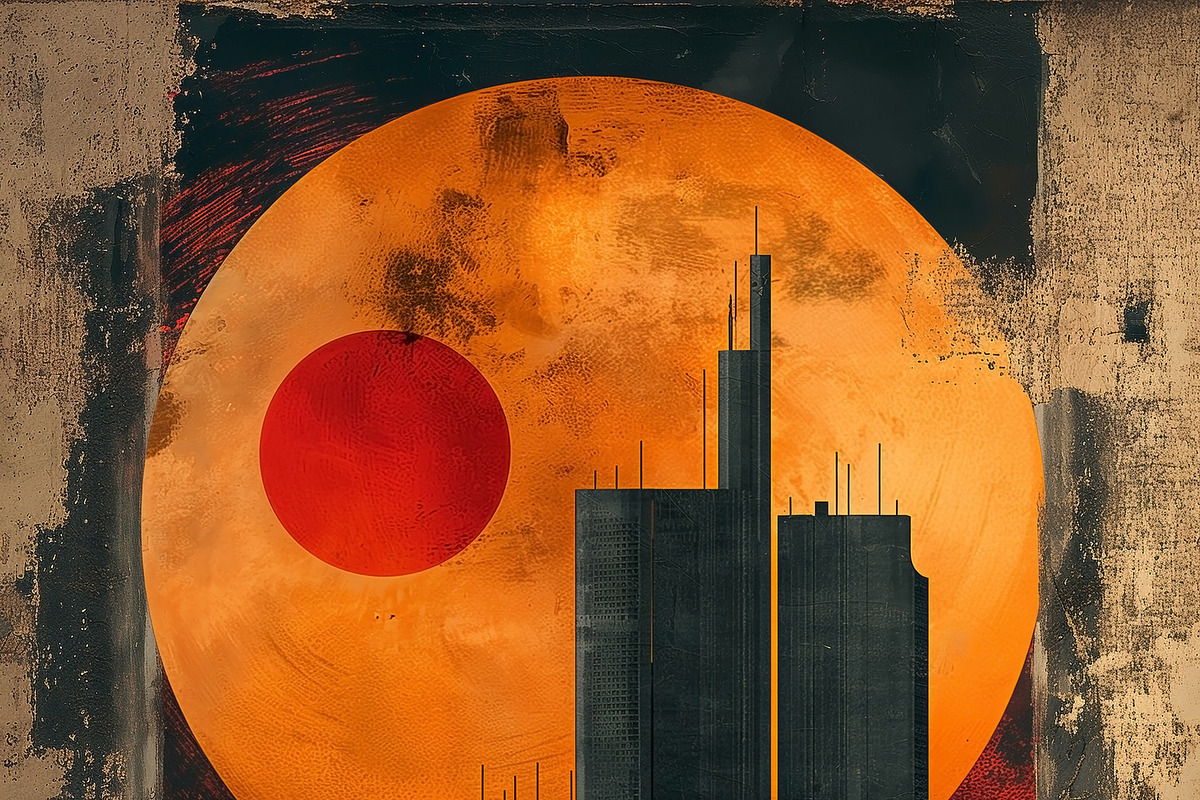 A striking silhouette of skyscrapers against a vibrant orange su, a Decorative Illustration by ImageMir